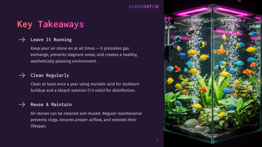 A Vibrant Aquarium Filled With Colorful Fish And Lush Green Plants, With The Text &Quot;Cleanestor&Quot; And &Quot;Key Takeaways&Quot; Visible.