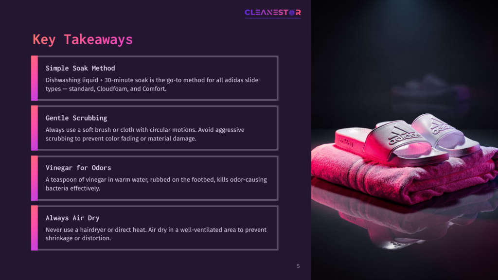 Pink Adidas Slides Sit On A Pink Towel, With A Dark, Reflective Background. The Slides Are Clean And Bright, Suggesting A Cleaning Or Care Product.