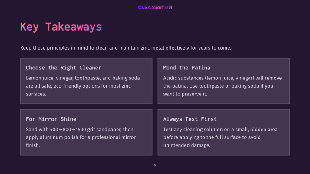 Key Takeaways For Cleaning And Maintaining Zinc Metal: Choose The Right Cleaner, Mind The Patina, For Mirror Shine, And Always Test First. Includes Tips On Safe Cleaning Agents, Preserving Patina, Sanding, And Testing Solutions.