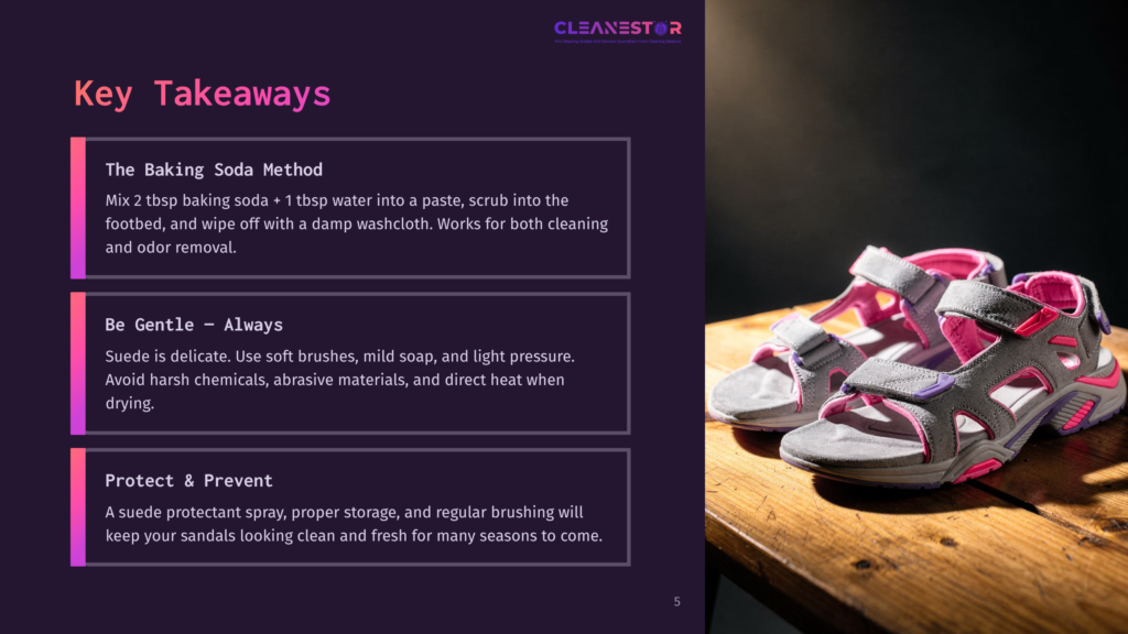 A Pair Of Gray And Pink Sandals With Light Pink And Black Straps Sits On A Wooden Table, With A Dark Background And Text Reading &Quot;Key Takeaways&Quot; About Cleaning And Caring For Suede Shoes.
