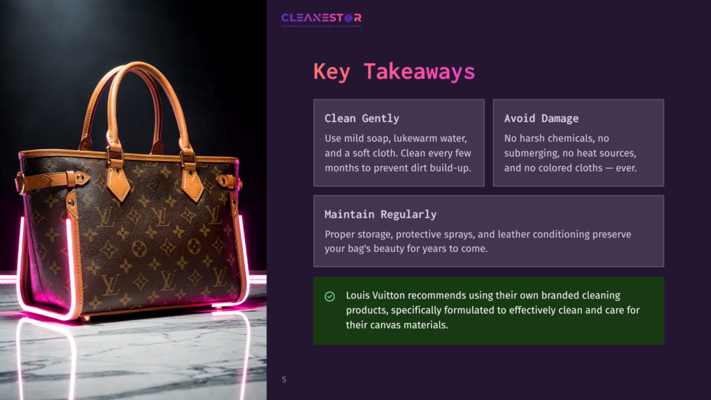 Louis Vuitton Speedy Bag With Iconic Monogram Pattern, Illuminated By Neon Pink Lights. Text Overlay: &Quot;Cleanestor Key Takeaways&Quot; With Cleaning Tips.
