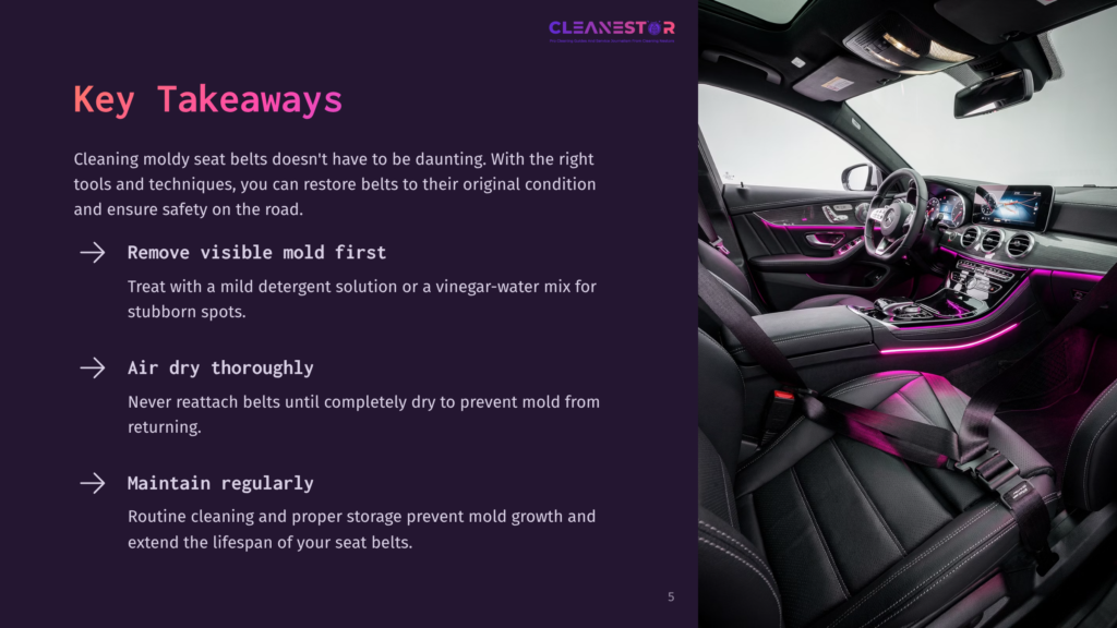 5 Key Takeaways 43 Interior Of A Modern Luxury Car With Black Leather Seats And Ambient Purple Lighting. The Seatbelt Is Prominently Displayed, With Text Overlays On The Left Side Of The Image Offering Tips On Cleaning Moldy Seat Belts.