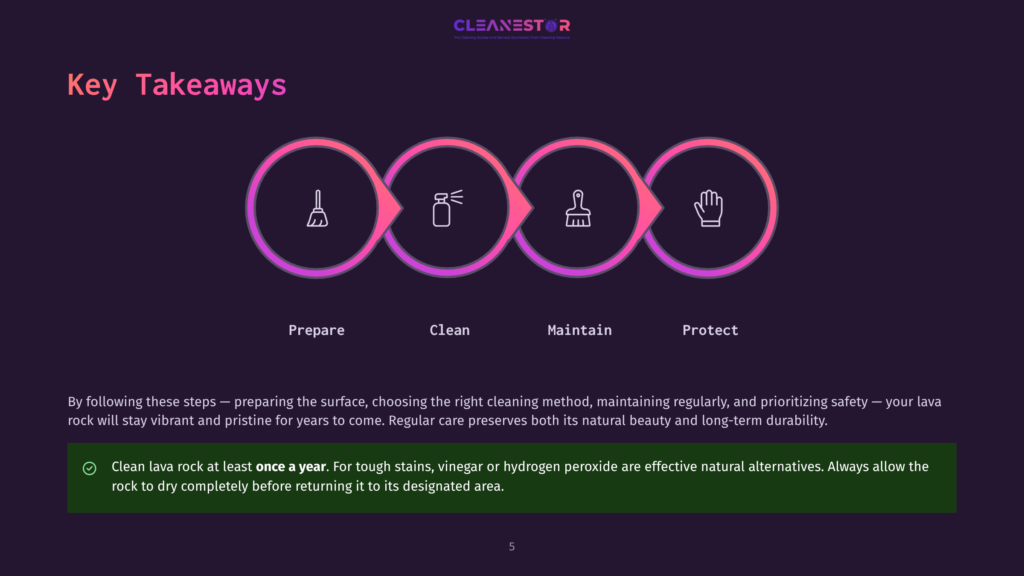 Key Takeaways For Lava Rock Care: Prepare, Clean, Maintain, Protect. Icons Represent Each Step. Text Emphasizes Cleaning Lava Rock Once A Year.