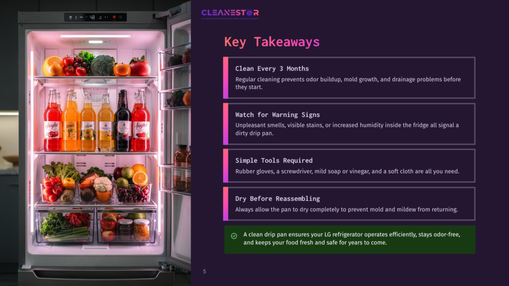5 Key Takeaways 45 Open Lg Refrigerator Filled With Fresh Produce, Drinks, And Jars, With &Quot;Cleanestor&Quot; Logo And Cleaning Tips On The Right.