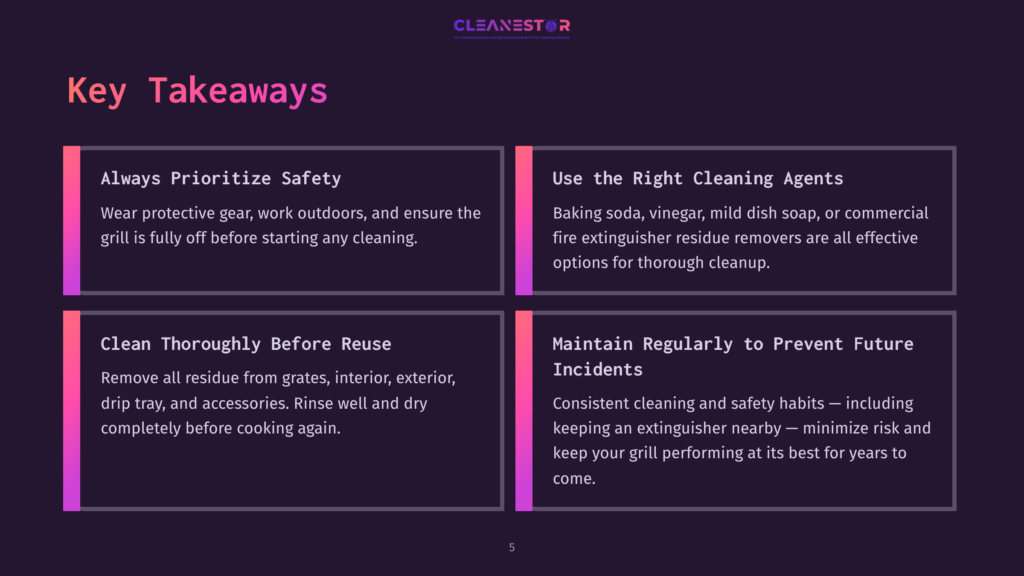 5 Key Takeaways 48 Key Takeaways For Grill Cleaning: Always Prioritize Safety, Use The Right Cleaning Agents, Clean Thoroughly Before Reuse, Maintain Regularly To Prevent Future Incidents.