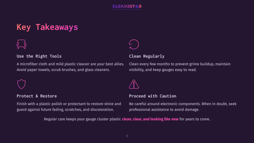 5 Key Takeaways 50 Key Takeaways Slide From Cleanestor Detailing How To Protect And Restore Gauge Clusters: Use The Right Tools, Clean Regularly, Protect &Amp; Restore, And Proceed With Caution. Key Text Includes &Quot;Key Takeaways&Quot; And &Quot;Cleanestor.