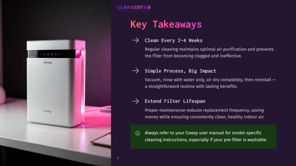Coway Air Purifier On A Table With Pink Light Reflecting On It, Next To A Document With &Quot;Key Takeaways&Quot; And Bullet Points About Cleaning And Filter Lifespan.
