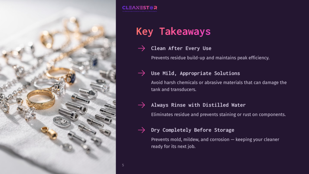 5 Key Takeaways 60 A Close-Up Of Gold Rings And Silver Screws On A White Cloth, With Text Overlay: &Quot;Cleanestor Key Takeaways: Clean After Every Use, Use Mild, Appropriate Solutions, Always Rinse With Distilled Water, Dry Completely Before Storage.