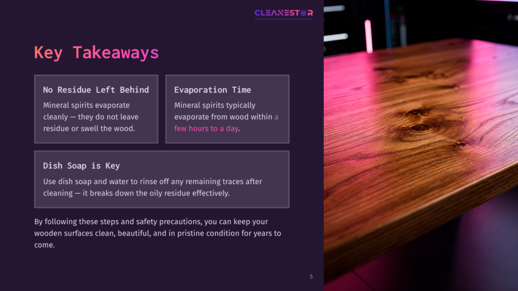 Close-Up Of A Polished Wooden Surface With A Rich Grain Pattern, Illuminated By Vibrant Pink And Purple Light. Text Overlay Reads &Quot;Cleanestor&Quot; And Key Takeaways About Mineral Spirits And Cleaning Wooden Surfaces.