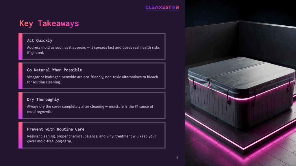 A Modern, Dark Gray Hot Tub With Pink Led Lighting Sits On A Black Platform, Featuring A Closed Lid. To The Left, A Dark Background Displays Key Takeaways For Hot Tub Maintenance: &Quot;Act Quickly,&Quot; &Quot;Go Natural When Possible,&Quot; &Quot;Dry Thoroughly,&Quot; And &Quot;Prevent With Routine Care.