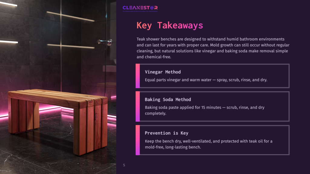 A Modern Teak Shower Bench Sits In A Clean, Minimalist Bathroom With Purple Ambient Lighting. Text Overlay Reads &Quot;Cleanestor&Quot; And &Quot;Key Takeaways&Quot; With Cleaning Tips For Teak.