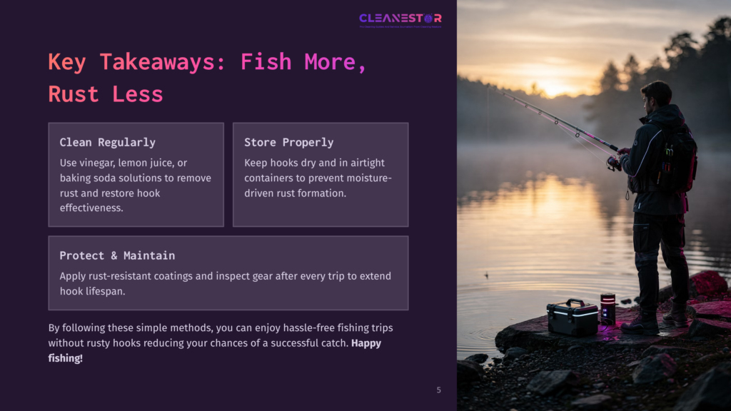 A Fisherman Casts His Line At Sunrise Over A Misty Lake, With A Tackle Box And Fishing Gear On The Shore. The Image Highlights Tips For Maintaining Fishing Gear To Prevent Rust.