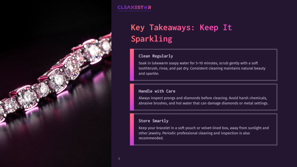 Close-Up Of A Sparkling Diamond And Silver Bracelet On A Dark Background, With Text Overlay About Cleaning And Storing Jewelry.