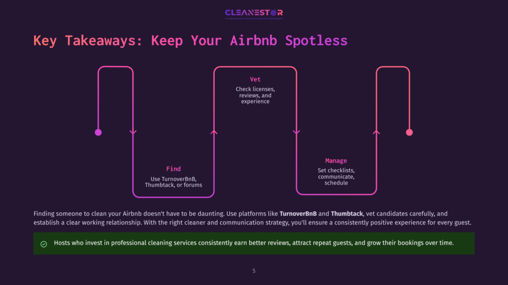 Flowchart Titled &Quot;Key Takeaways: Keep Your Airbnb Spotless&Quot; By Cleanestor, Illustrating The Process Of Finding, Vetting, And Managing Cleaners For Airbnb Properties. The Flowchart Uses Purple And Pink Gradient Lines To Show The Steps.
