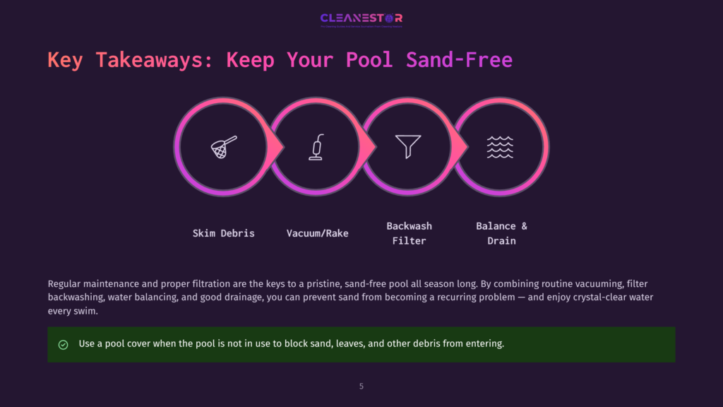 5 Key Takeaways Keep Your Pool Sand Free Infographic Illustrating The Key Takeaways For Keeping A Sand Filter Pool Clean: Skim Debris, Vacuum/Rake, Backwash Filter, And Balance &Amp; Drain. The Text &Quot;Key Takeaways: Keep Your Pool Sand-Free&Quot; Is Prominent.