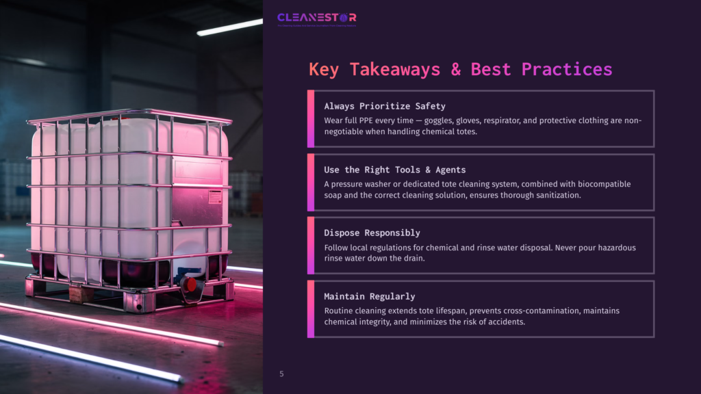 5 Key Takeaways And Best Practices 1 A Large, Pink Chemical Storage Container Stands Out Against A Dark Background, With A Glowing Neon Outline Highlighting Its Edges. Text On The Container Reads &Quot;Always Prioritize Safety&Quot; In Bold, White Letters.