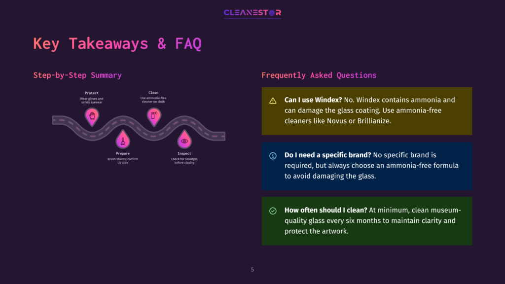 5 Key Takeaways And Faq 1 A Purple-Themed Infographic With A Step-By-Step Summary And Faq Section, Titled &Quot;Key Takeaways &Amp; Faq.&Quot; It Shows Instructions For Protecting And Cleaning Glass, Including Wearing Safety Gloves, Using Ammonia-Free Cleaner, Inspecting For Smudges, And Cleaning Every Six Months.