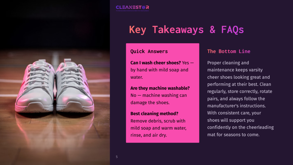 A Pair Of Clean, White Cheerleading Shoes With Red Accents Sit On A Polished Wooden Floor. Text Overlay Reads &Quot;Cleanestor&Quot; And &Quot;Key Takeaways &Amp; Faqs&Quot;.