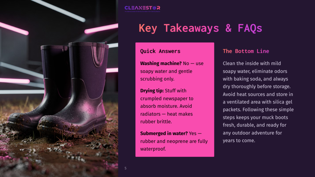 A Pair Of Black Rubber Muck Boots Sit In Mud, With A Pink Neon Glow In The Background. Text Overlay Reads &Quot;Cleanestor&Quot; And &Quot;Key Takeaways &Amp; Faqs&Quot;.