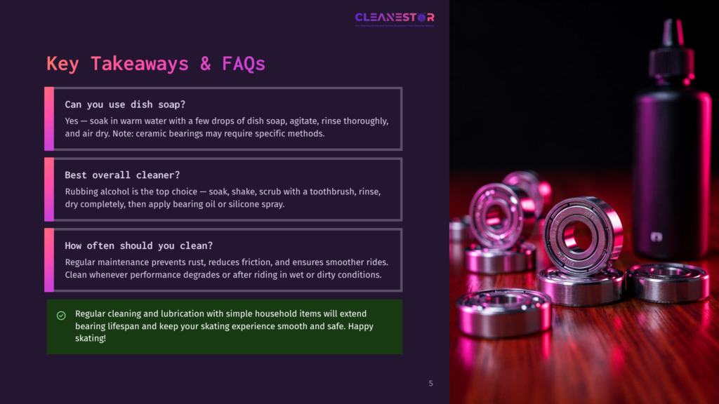 A Close-Up Of Various Small Metal Bearings On A Dark Wooden Surface With A Small Bottle Of Oil, A Soft Focus Background Showing A Blurred Effect, And A Title Overlay Reading &Quot;Key Takeaways &Amp; Faqs&Quot;.
