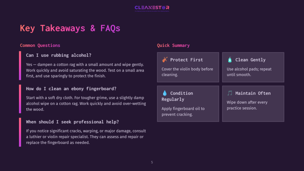 5 Key Takeaways And Faqs 17 Key Takeaways &Amp; Faqs Slide From A Presentation About Cleaning And Maintaining A Violin. The Slide Includes Common Questions And A Quick Summary With Icons For &Quot;Protect First,&Quot; &Quot;Clean Gently,&Quot; &Quot;Condition Regularly,&Quot; And &Quot;Maintain Often.
