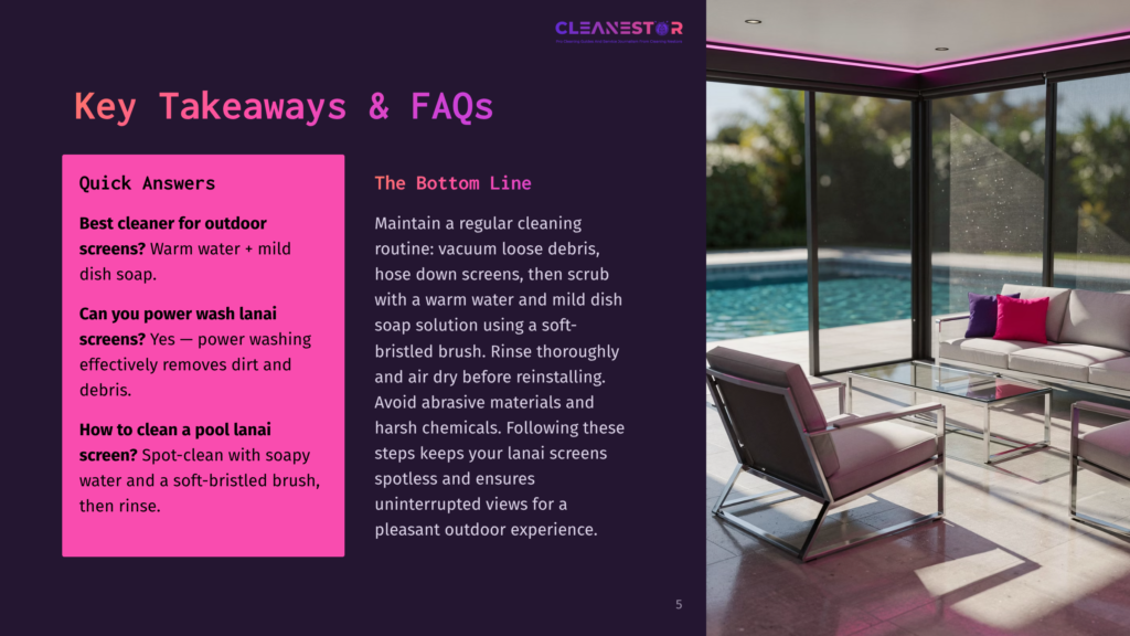 Modern Living Room With Plush Sofas And Glass Tables Next To A Swimming Pool, Featuring The Text &Quot;Cleanestor&Quot; And &Quot;Key Takeaways &Amp; Faqs&Quot; On A Dark Purple Background.