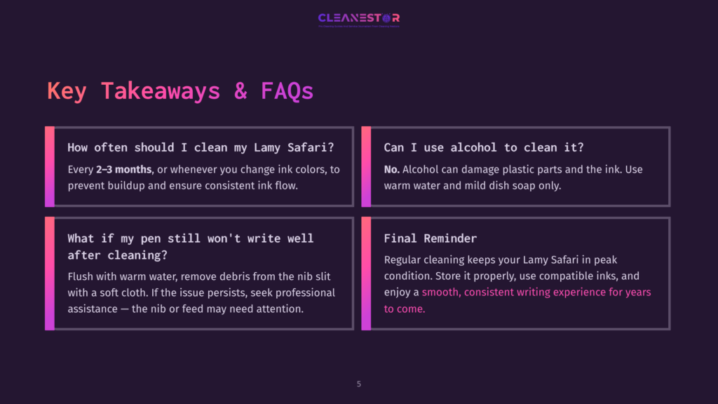 An Infographic Titled &Quot;Key Takeaways &Amp; Faqs&Quot; On A Dark Background. It Features Four Sections, Each With A Heading In Pink Text. The First Section Is Titled &Quot;How Often Should I Clean My Lamy Safari?&Quot; With A Text Response Below. The Second Section Is Titled &Quot;Can I Use Alcohol To Clean It?&Quot; With A &Quot;No&Quot; Response And An Explanation. The Third Section Is Titled &Quot;What If My Pen Still Won'T Write Well After Cleaning?&Quot; With A Response Suggesting Flushing With Warm Water And Seeking Professional Help If The Issue Persists. The Fourth Section Is Titled &Quot;Final Reminder&Quot; With A Tip For Regular Cleaning And Proper Ink Storage.