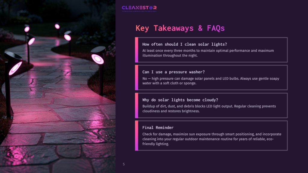 A Pathway Lined With Solar Garden Lights, Casting A Pink Glow On The Stone Walkway At Dusk. The Image Is Part Of A &Quot;Key Takeaways &Amp; Faqs&Quot; Section For Cleanestor, Discussing Solar Light Maintenance.