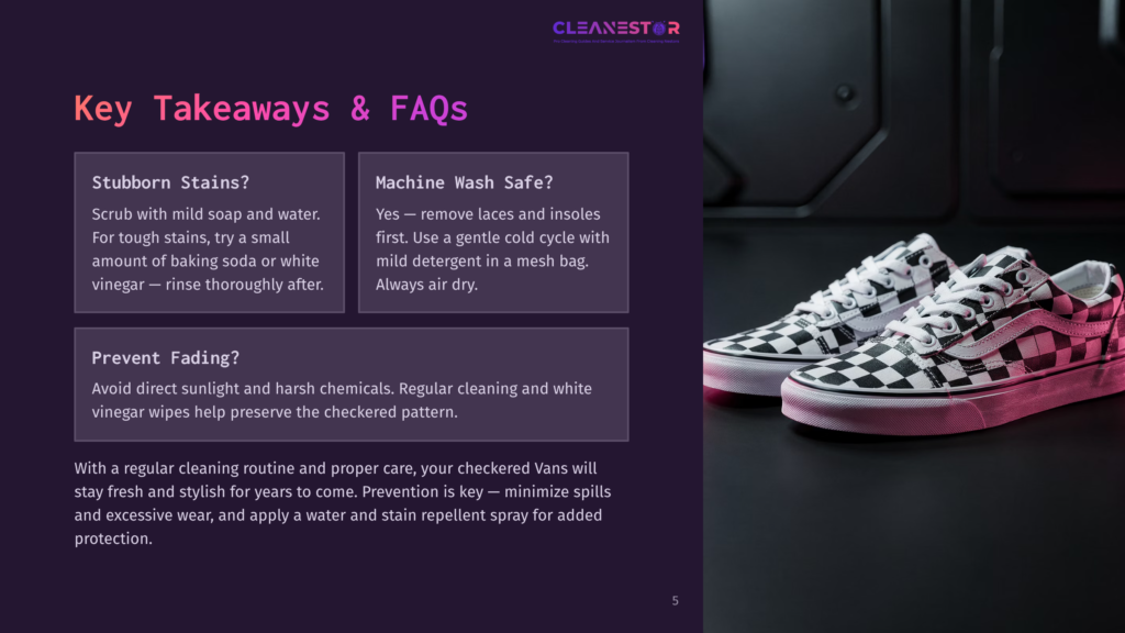 A Pair Of Black And White Checkered Vans Sneakers Sit On A Dark Surface, With Text Overlays Providing Cleaning Tips And Faqs.