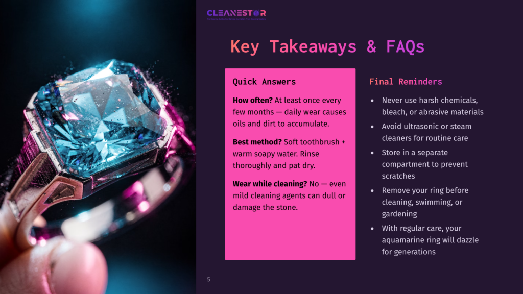 5 Key Takeaways And Faqs 27 Close-Up Of A Large, Square-Cut Aquamarine Ring With A Silver Band, Reflecting Vibrant Pink And Blue Light. The Image Is Part Of A Presentation Slide With Text About Cleaning Jewelry.