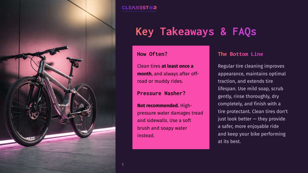5 Key Takeaways And Faqs 29 A Sleek, Modern Silver Electric Bicycle Rests Against A Dark, Textured Wall Bathed In Vibrant Pink And Purple Neon Light. The Text &Quot;Cleanestor&Quot; And &Quot;Key Takeaways &Amp; Faqs&Quot; Are Visible.
