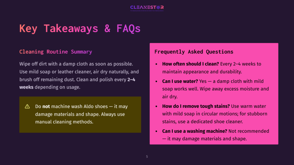 Cleanestor Logo And Text On A Dark Background. Key Takeaways &Amp; Faqs Title. Cleaning Routine Summary Section With Bullet Points And A Warning About Machine Washing Shoes. Frequently Asked Questions Section With Bullet Points About Cleaning Frequency, Water Usage, Tough Stains, And Washing Machines.