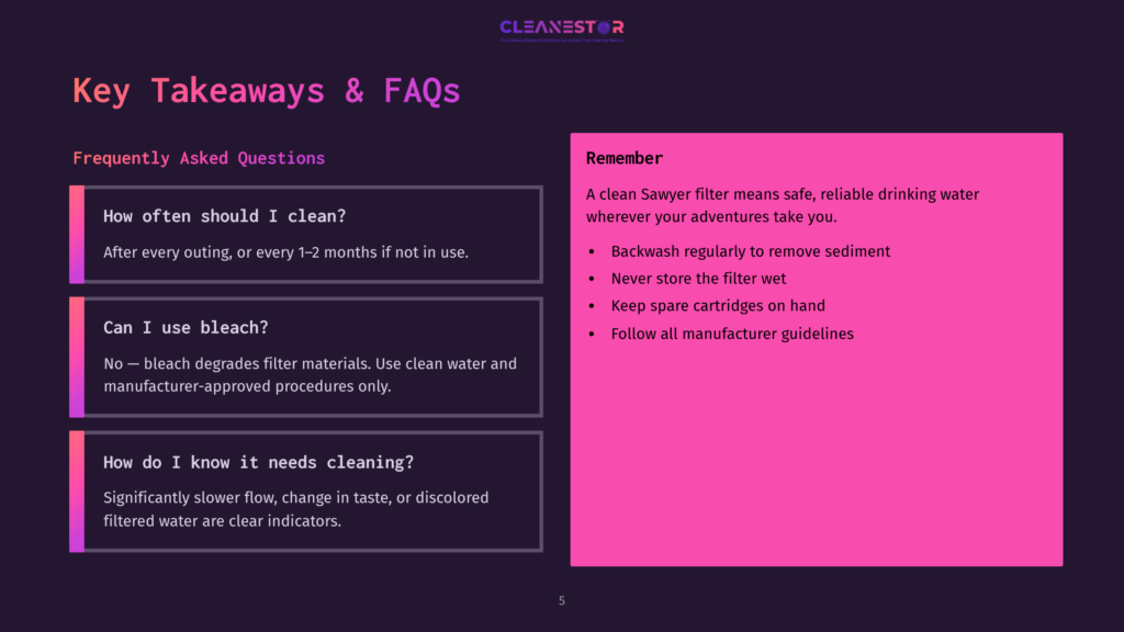 A Presentation Slide With The Title &Quot;Key Takeaways &Amp; Faqs&Quot; On A Dark Background. The Left Side Has Questions About Cleaning A Sawyer Filter, And The Right Side Offers Important Reminders About Its Use And Care.