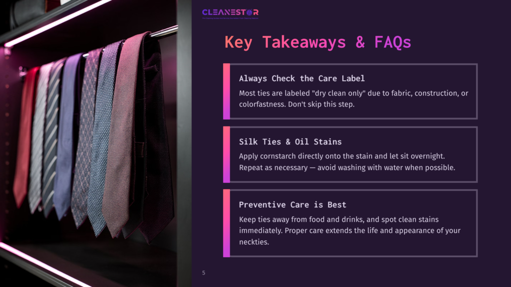 A Row Of Various Ties In Vibrant Colors Displayed In A Showcase With A Purple Background. Text Overlays Provide Tips Such As Checking Care Labels And Using Cornstarch On Stains.