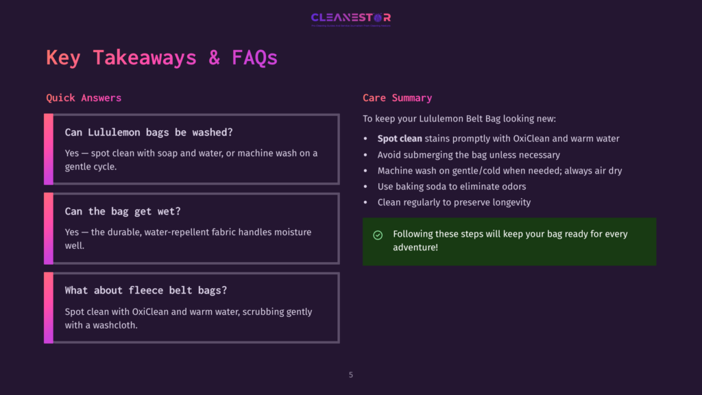 A Slide Titled &Quot;Key Takeaways &Amp; Faqs&Quot; From Cleanestor, Detailing How To Wash Lululemon Bags, Including Spot Cleaning, Avoiding Submerging, And Using Baking Soda.
