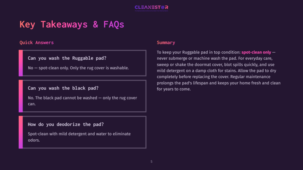A Slide Titled &Quot;Key Takeaways &Amp; Faqs&Quot; With A Dark Purple Background. It Features &Quot;Quick Answers&Quot; And &Quot;Summary&Quot; Sections With Text About Washing And Deodorizing Ruggable Pads, And Maintaining Ruggable Products.