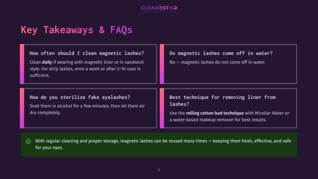 Key Takeaways And Faqs About Cleaning Magnetic Lashes, Including How Often To Clean Them, Whether They Come Off In Water, How To Sterilize Fake Eyelashes, And The Best Technique For Removing Liner From Lashes. The Graphic Features A Dark Purple Background With White And Pink Text And Icons.