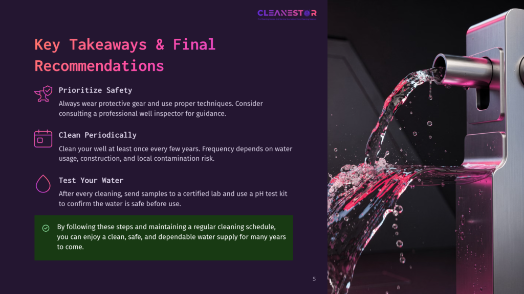 Cleanestor Logo With Text &Quot;Key Takeaways &Amp; Final Recommendations&Quot; And Bullet Points About Prioritizing Safety, Cleaning Wells Periodically, And Testing Water.