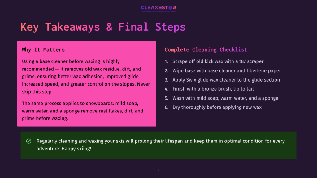 5 Key Takeaways And Final Steps A Dark Purple Slide With The Title &Quot;Key Takeaways &Amp; Final Steps&Quot; And A Checklist For Cleaning Skis And Snowboards, Including &Quot;Scrape Off Old Kick Wax&Quot; And &Quot;Wipe Base With Base Cleaner.