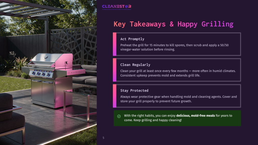 5 Key Takeaways And Happy Grilling A Gleaming Stainless Steel Grill Sits On A Patio Next To Outdoor Furniture, With Text Overlaying The Right Side Of The Image: &Quot;Cleanestor&Quot;, &Quot;Key Takeaways &Amp; Happy Grilling&Quot;, &Quot;Act Promptly&Quot;, &Quot;Clean Regularly&Quot;, And &Quot;Stay Protected&Quot;.