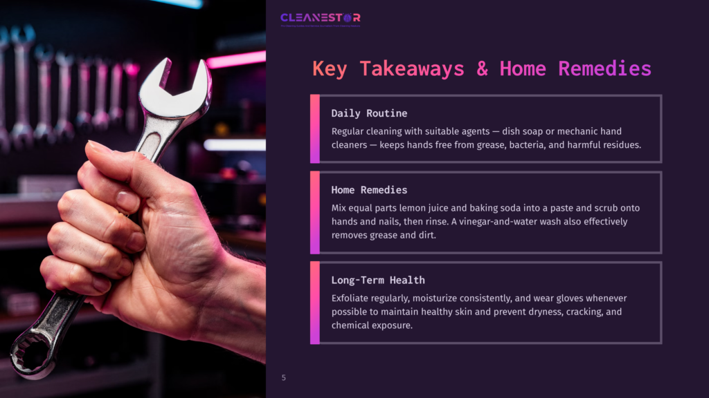 5 Key Takeaways And Home Remedies A Hand Grips A Large, Silver Wrench Against A Dark Background With Tools. The Image Includes Text: &Quot;Key Takeaways &Amp; Home Remedies,&Quot; &Quot;Daily Routine,&Quot; And &Quot;Home Remedies.