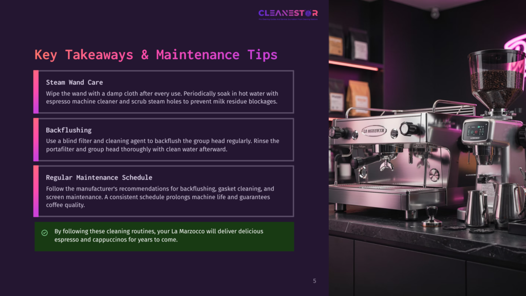 5 Key Takeaways And Maintenance Tips 1 La Marzocco Espresso Machine, Gleaming Chrome And Stainless Steel, Sits On A Dark Countertop With A Black Portafilter And Steaming Pitcher Nearby. Text Overlay Reads &Quot;Cleanestar&Quot; And &Quot;Key Takeaways &Amp; Maintenance Tips&Quot;.