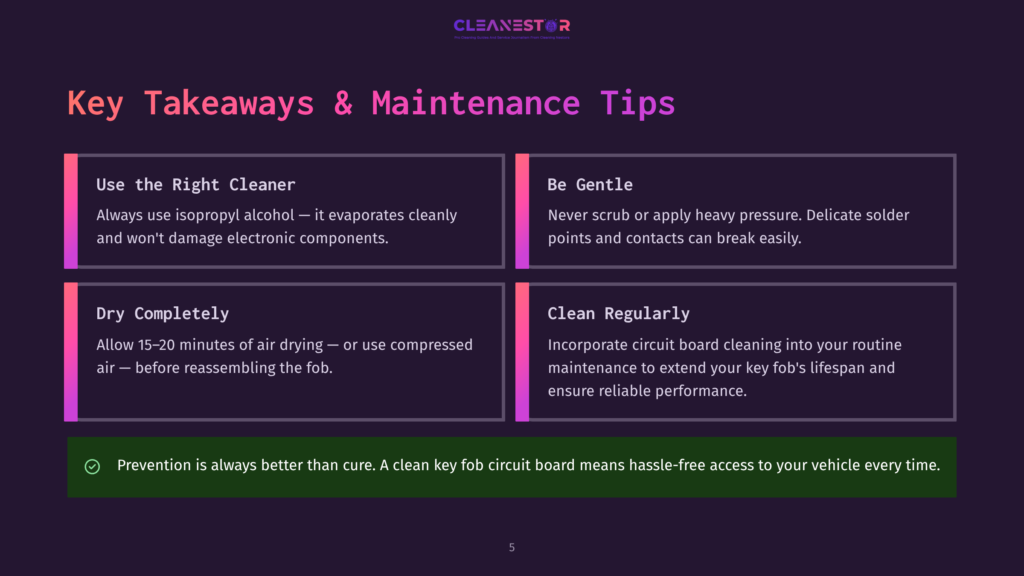 Key Takeaways &Amp; Maintenance Tips For Car Key Fob Cleaning: Use The Right Cleaner, Be Gentle, Dry Completely, Clean Regularly. Includes A Tip About Prevention.