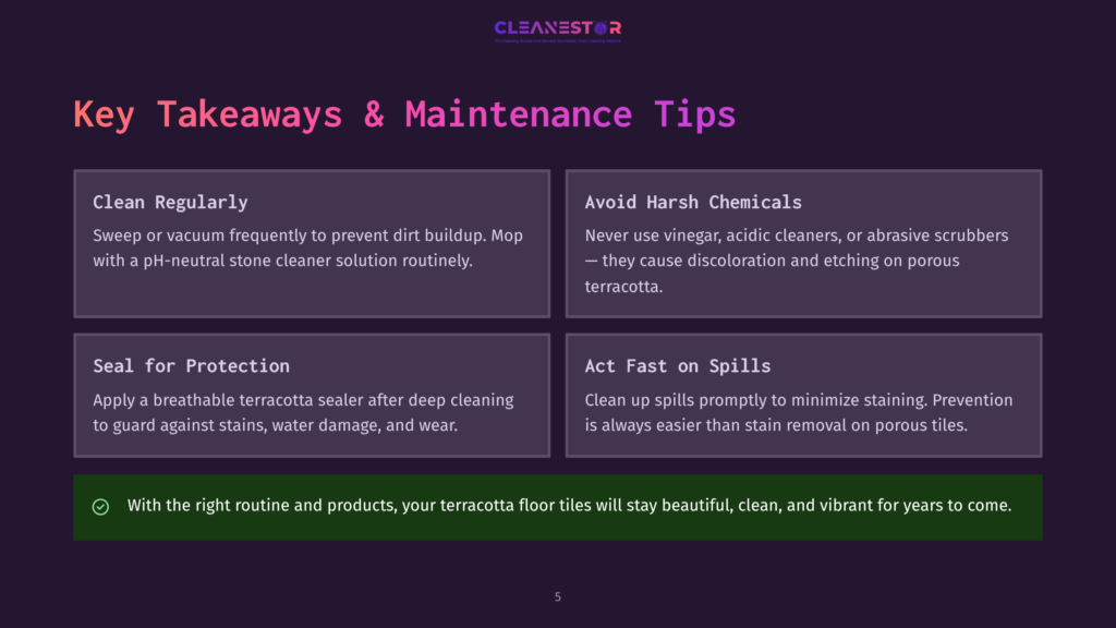Key Takeaways &Amp; Maintenance Tips For Terracotta Floors: Clean Regularly, Avoid Harsh Chemicals, Seal For Protection, Act Fast On Spills. The Image Is A Dark Purple Background With Four White Boxes Detailing Terracotta Floor Maintenance.