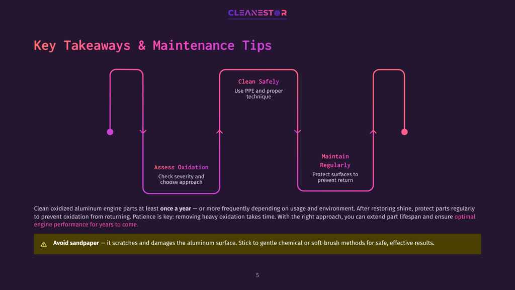 Cleanestor Graphic: Key Takeaways &Amp; Maintenance Tips For Aluminum Engine Parts. Steps Include Assess Oxidation, Clean Safely, And Maintain Regularly. Features Purple And Pink Gradient Lines And Text.