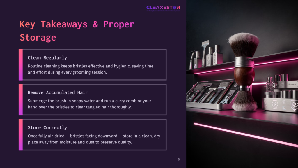 5 Key Takeaways And Proper Storage A Shelf Displays Grooming Tools, Including Razors, Brushes, And Bottles, Illuminated By Pink Neon Lights. Text Overlays: &Quot;Key Takeaways &Amp; Proper Storage&Quot;, &Quot;Clean Regularly&Quot;, &Quot;Remove Accumulated Hair&Quot;, &Quot;Store Correctly&Quot;.