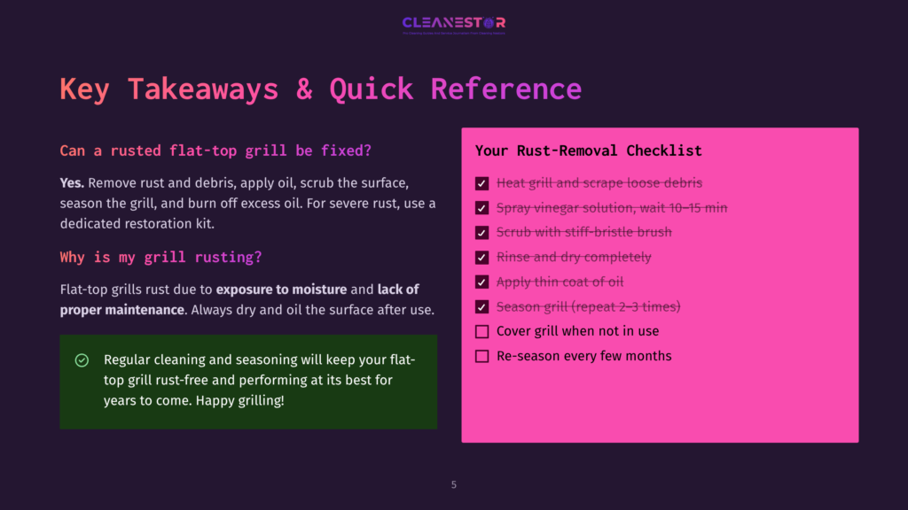 5 Key Takeaways And Quick Reference 1 Infographic With Pink And Green Colors, Titled &Quot;Key Takeaways &Amp; Quick Reference,&Quot; Featuring A Flat-Top Grill Rust-Removal Checklist And Tips On Preventing Rust Through Maintenance.