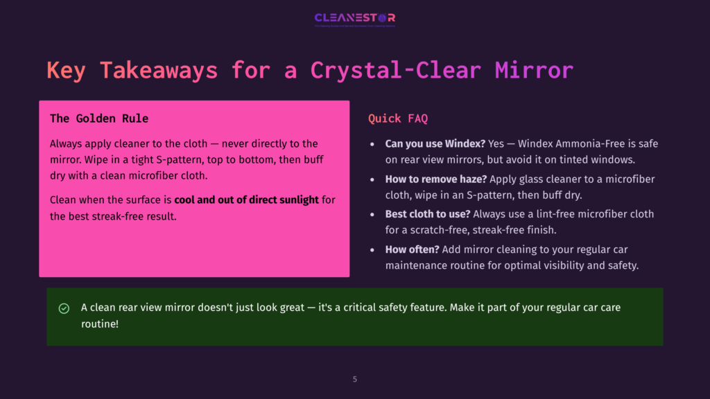 Presentation Slide Titled &Quot;Key Takeaways For A Crystal-Clear Mirror&Quot; With Tips On Cleaning Car Mirrors And A Faq Section.