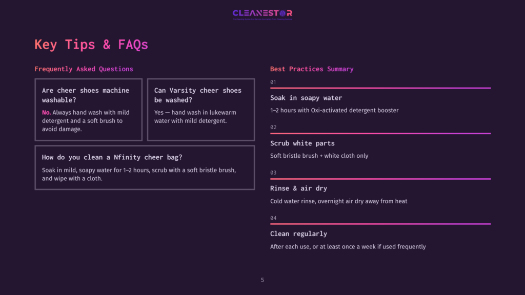 Infographic Detailing Cheer Shoe Cleaning Tips And Best Practices, Featuring Sections On &Quot;Frequently Asked Questions&Quot; And &Quot;Best Practices,&Quot; With Text Including &Quot;Are Cheer Shoes Machine Washable?&Quot; And &Quot;Soak In Soapy Water.