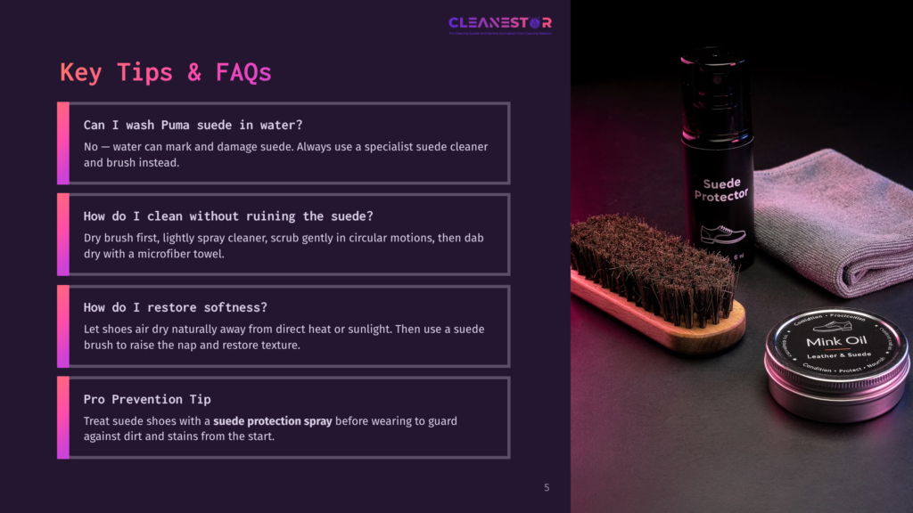 A Suede Shoe Care Guide On A Dark Background Includes A Suede Brush, Suede Protector Spray, And Suede Oil With A Towel And A Black Suede Shoe Displayed.